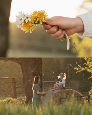 Fröhliche Szene beim Familienfotoshooting in Kiel – kleines Mädchen sitzt auf Heuballen, Mutter blickt lachend zu ihr auf