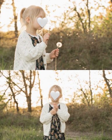 Verträumtes Kinderportrait mit Löwenzahn im Arm, aufgenommen im weichen Licht eines Sommerabends in Kiel