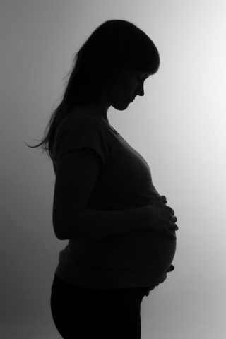 Schwangere Frau im Studio im Seitenprofil, künstlerisches Licht-Schatten-Spiel - Silhouette